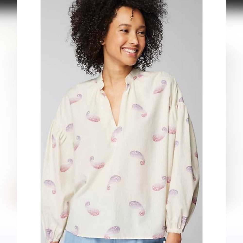 J.Jill Paisley Print Oversized Split-Neck Long Sleeve Top Size Meduim